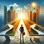 DALL·E-2024-03-23-23.04.28-Create-an-image-representing-the-transition-from-employee-to-entrepreneur.-The-scene-depicts-a-person-standing-at-a-crossroads-with-one-path-leading-